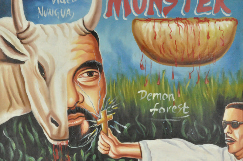 Hand-Painted Monster Movie Poster - 59"X40" Ghanaian Artwork - close-up