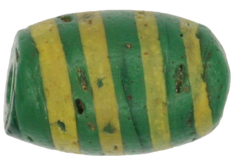 Rare Antique Green "Bumble Bee" Venetian Wound Glass Trade Bead - close-up