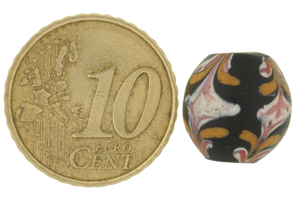 Rare Antique Black Floral Venetian Lampwork Glass Trade Bead - 12Mm - close-up