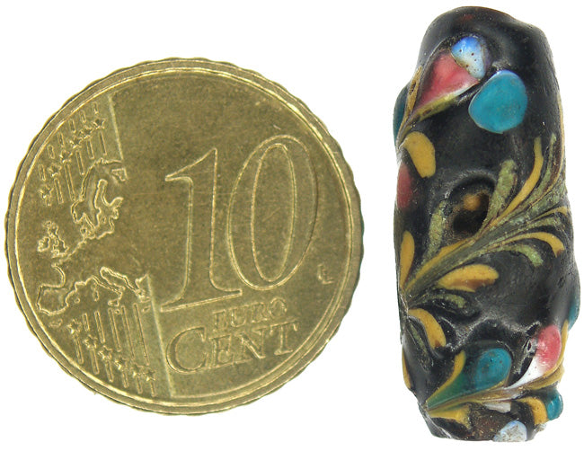 Rare Antique Black Floral Venetian Lampwork Trade Bead, 23X10Mm - close-up