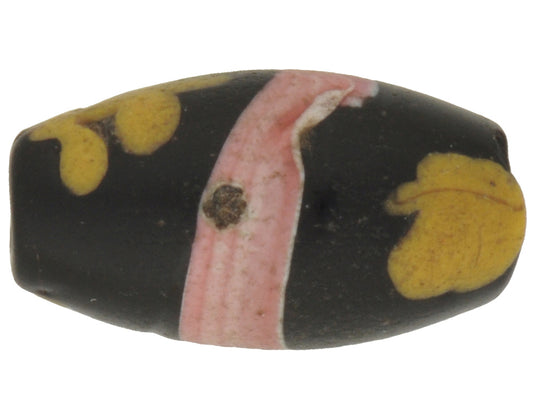 Rare Old Black Floral Venetian Lampwork Glass Trade Bead, 16X9Mm - alternate view