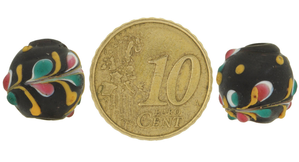Rare Antique Black Floral Venetian Glass Trade Beads Pair - 12Mm - close-up