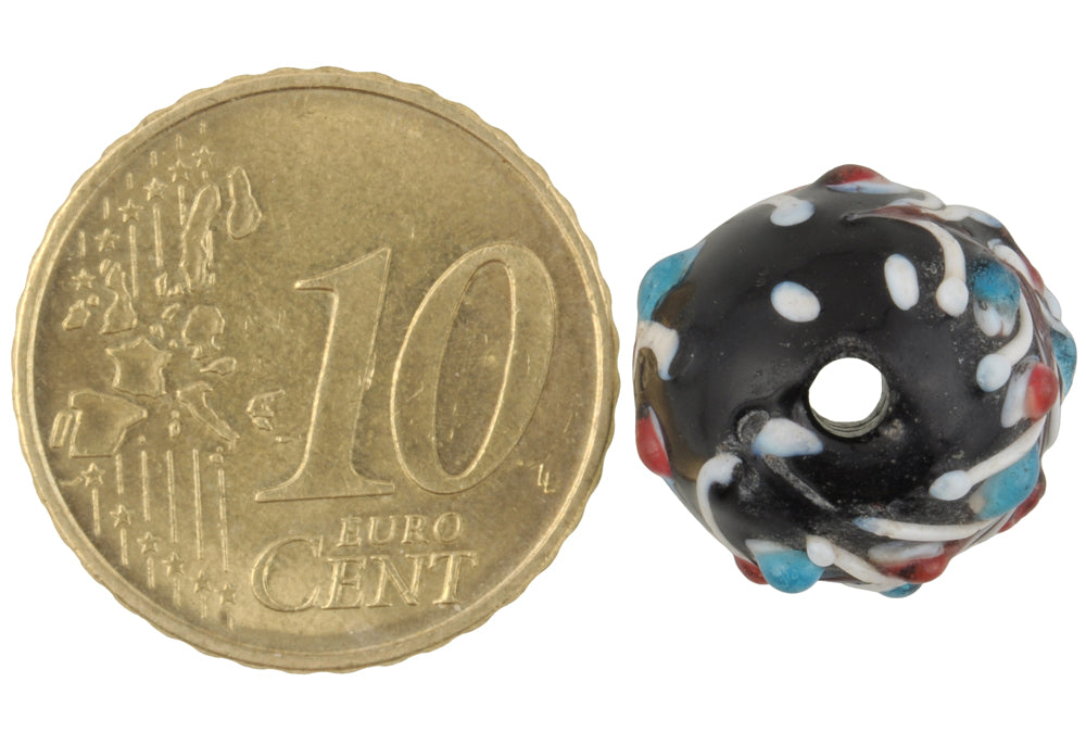 Rare Black Floral Antique Venetian Wound Glass African Trade Bead - close-up