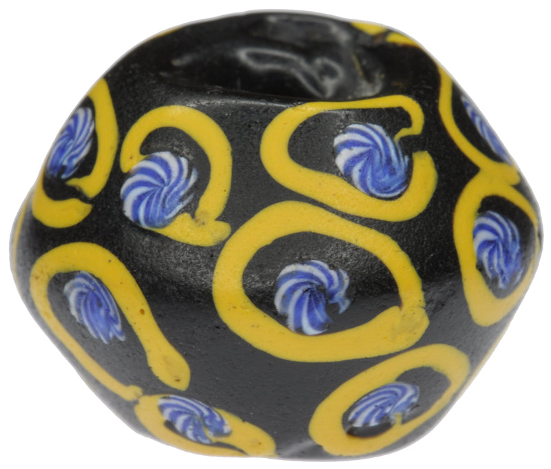 Rare Antique Black Bicone "King" Venetian Glass Trade Bead - Lampwork Trail Design - angled shot