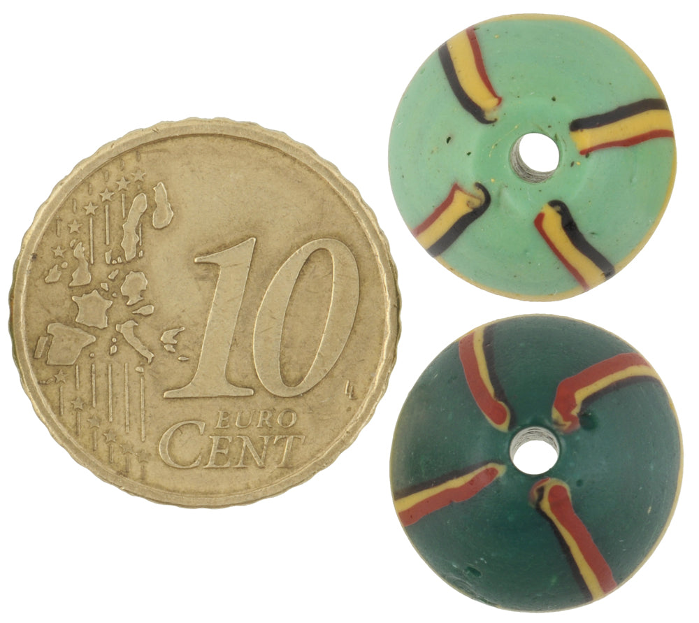 Antique Green Bicone "King" Venetian Lampwork Glass Trade Beads - angled shot