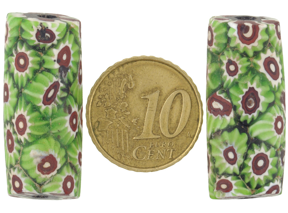 Antique Large Millefiori Mosaic Glass Trade Beads, 31X13Mm Pair - alternate view