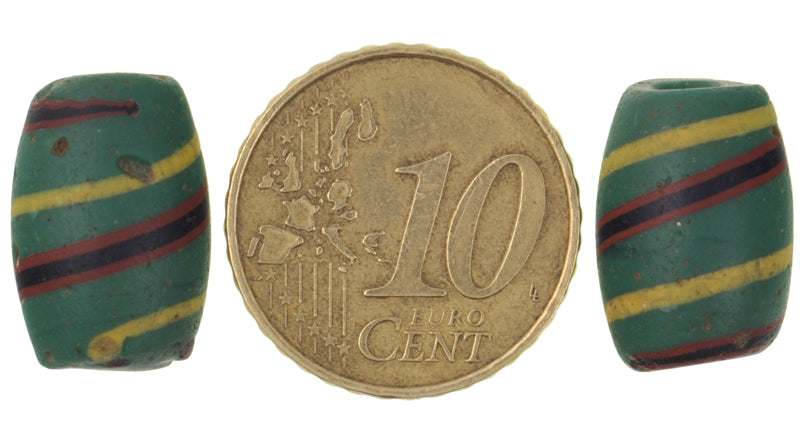 Rare Antique Green Oval "Fancy" Venetian Wound Glass Trade Beads - 16X11Mm - alternate view