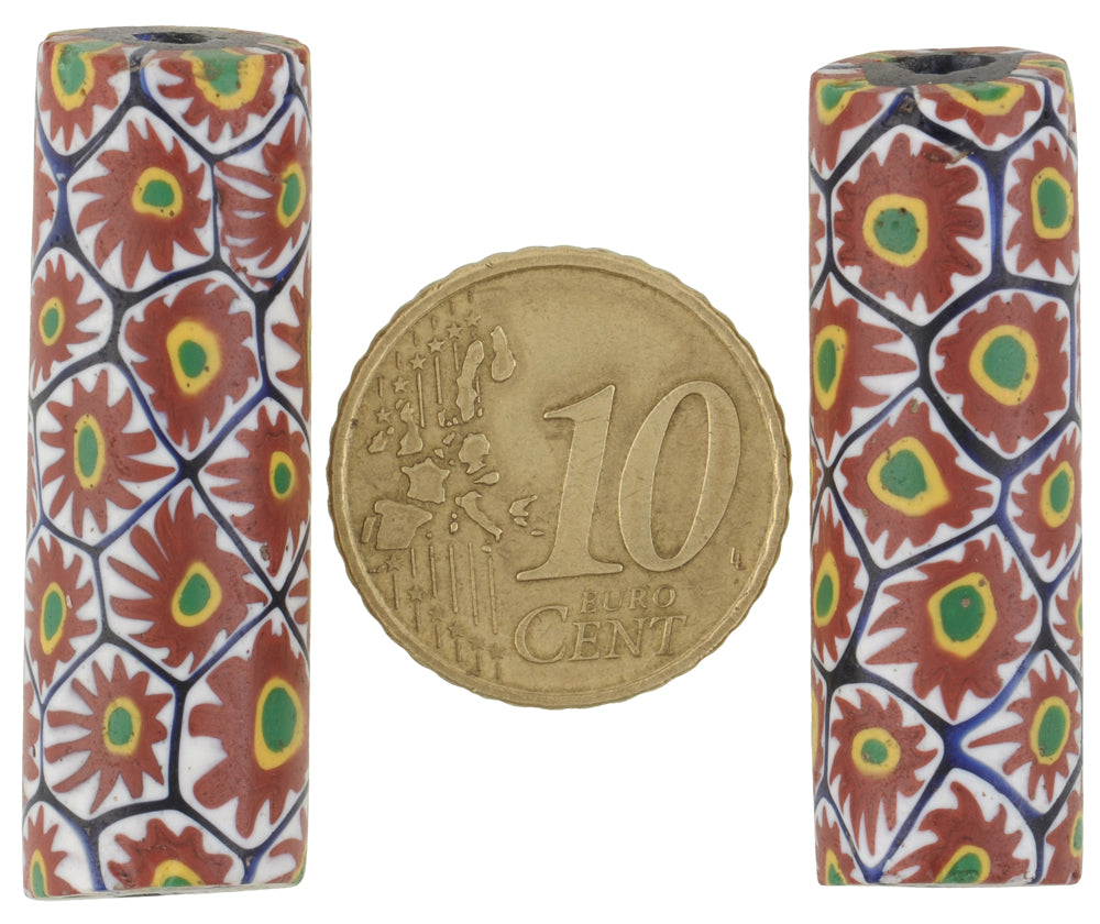 Antique Large Millefiori Venetian Mosaic Glass Trade Beads Pair - zoomed-in detail