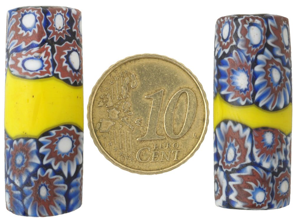 Antique Large Banded Venetian Millefiori Mosaic Glass Trade Beads Pair - alternate view