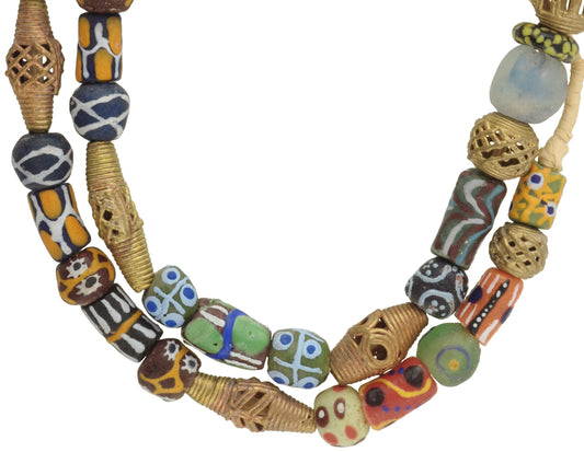 Mixed Krobo Glass And Brass Beads - African Trade Beads Strand - alternate view
