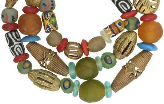 Mixed Krobo Glass And Brass African Trade Beads Strand 27.5" - alternate view