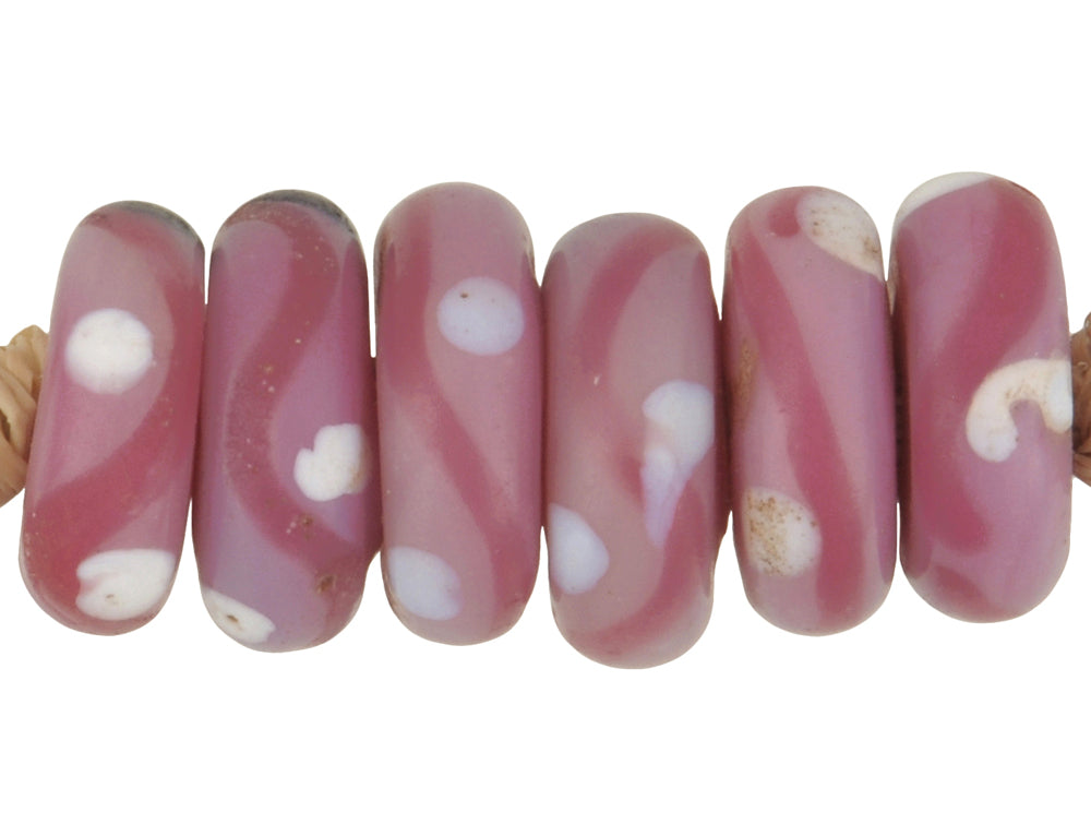 Rare Antique Pink Pineapple Venetian Wound Glass Trade Beads - 6 Disks - close-up