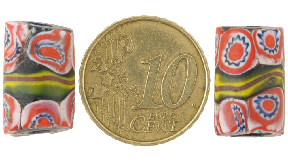 Antique Banded Venetian Millefiori Mosaic Glass Trade Beads Pair, 16X10Mm - alternate view