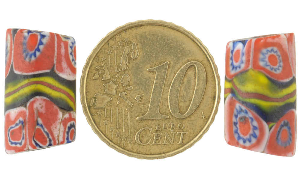 Antique Banded Millefiori Mosaic Beads - Rare Venetian Trade Pair, 17X10 Mm - alternate view