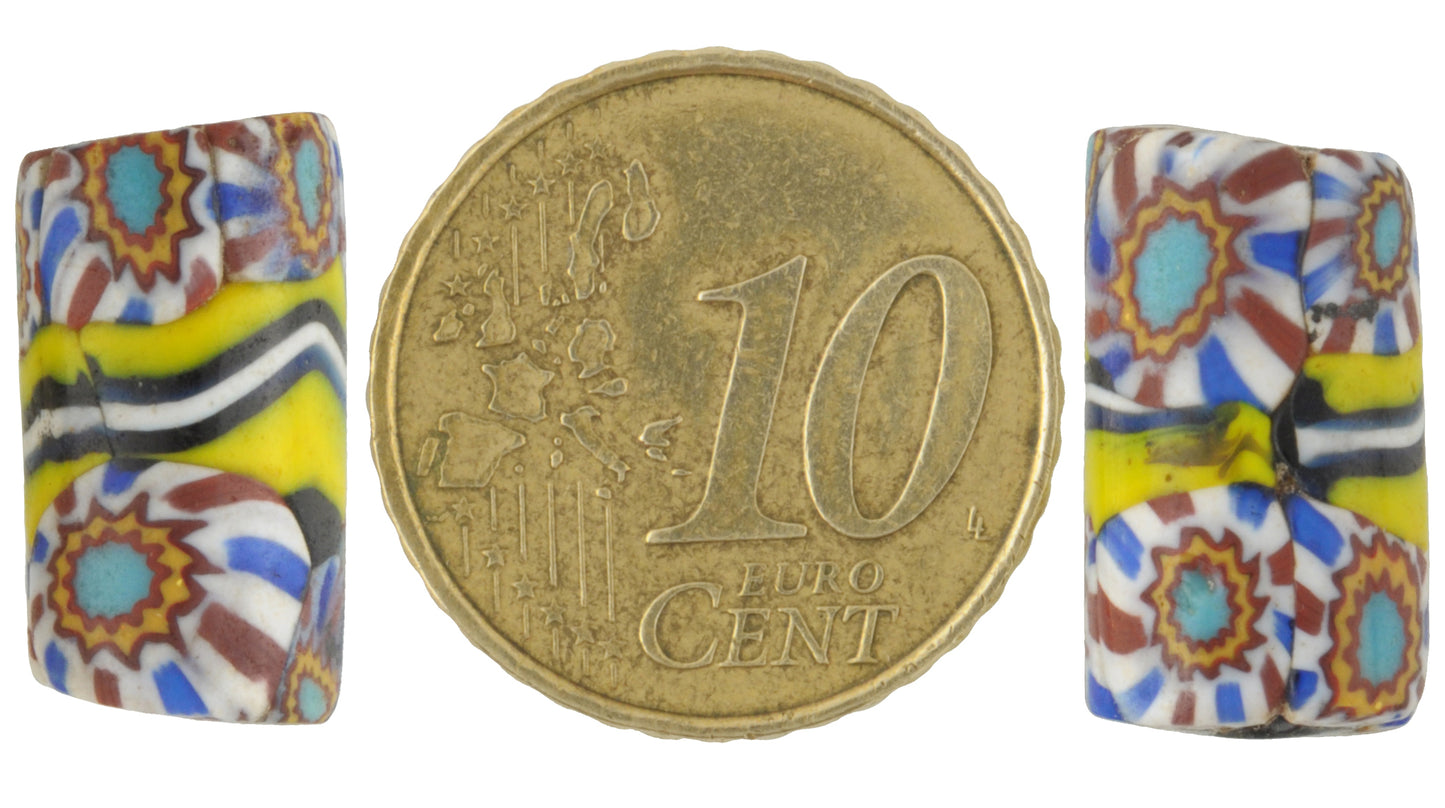 Antique Banded Venetian Millefiori Mosaic Glass Trade Beads 17X9Mm Pair - alternate view