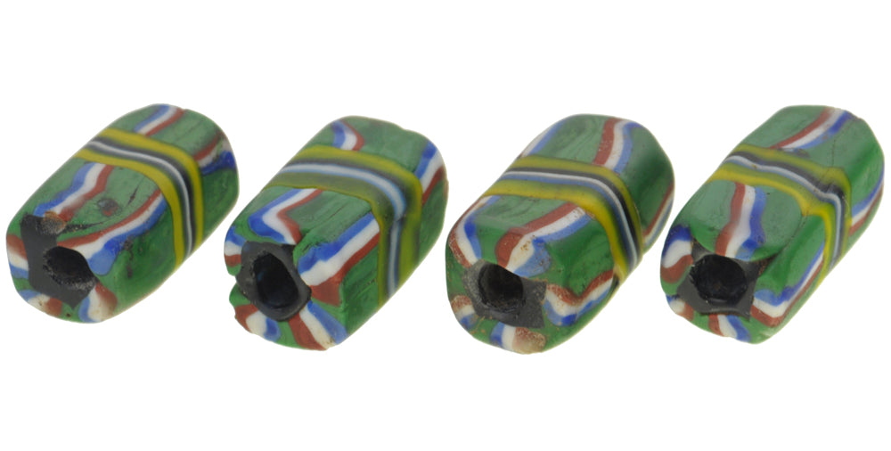 Rare Antique Venetian Banded Millefiori Mosaic Glass Trade Beads - 4 Matching Rectangular Beads - close-up