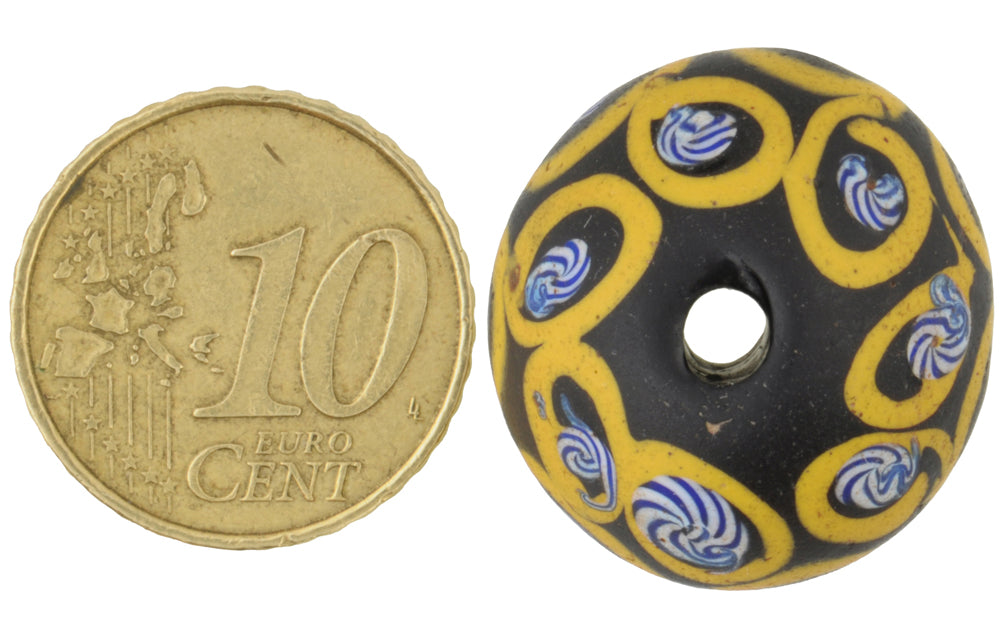 Rare Antique Black Bicone Venetian Glass Trade Bead, 22X17Mm - zoomed-in detail