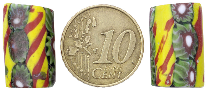 Rare Antique Venetian Millefiori Mosaic Glass Trade Beads Pair, 19X11Mm - close-up