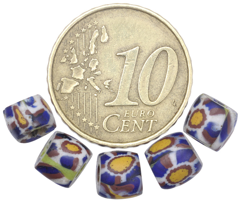 Rare Antique Green Core Millefiori Venetian Mosaic Glass Trade Beads, 6-7Mm - close-up