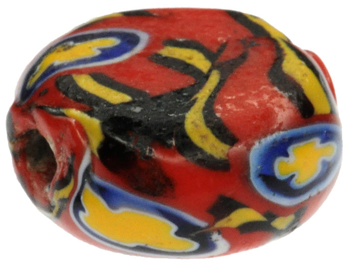 Rare Tabular Red Antique Millefiori Venetian Mosaic Glass Trade Bead - zoomed-in detail