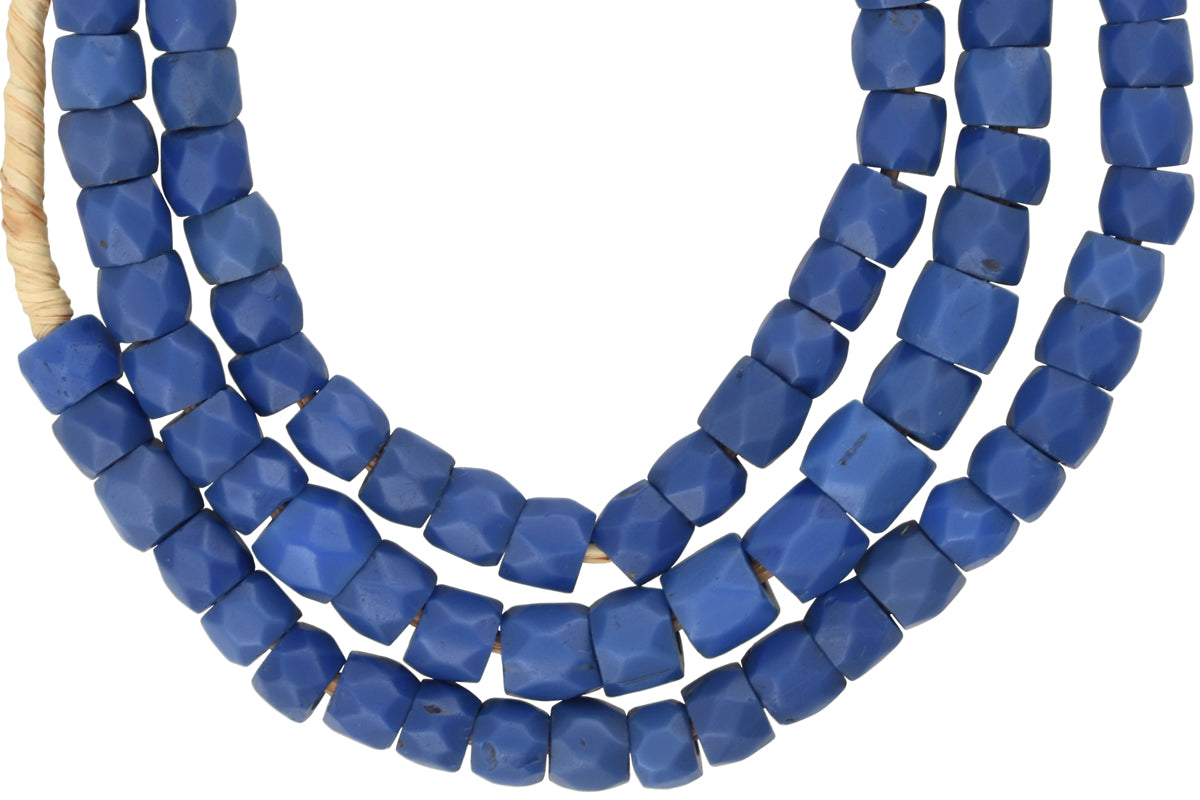 Old Russian Blue Bohemian Glass Trade Beads - Hand-Faceted 25.5" Strand - close-up