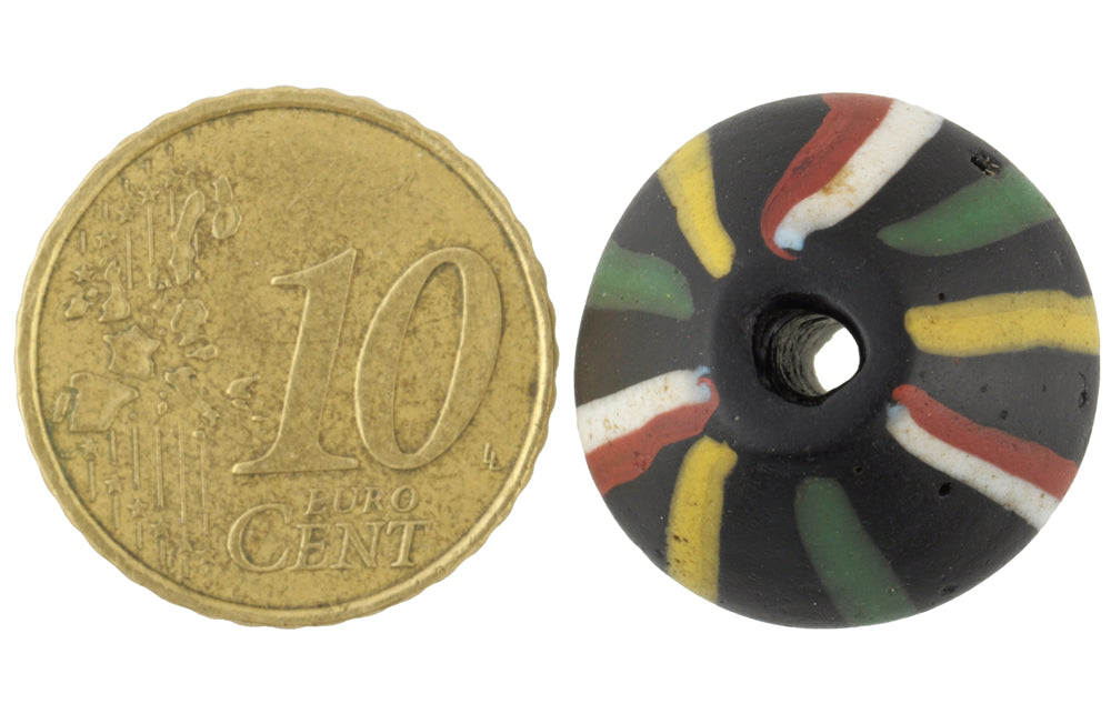 Antique Large Striped Black Bicone King Venetian Wound Glass Trade Bead - close-up