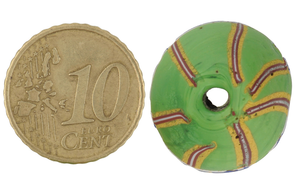 Antique Green Bicone Venetian Wound Glass Trade Bead With Trail Decoration - close-up