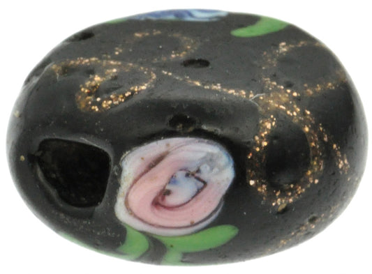 Rare Old Black "Flower" Venetian Wound Glass Trade Bead With Aventurine - alternate view
