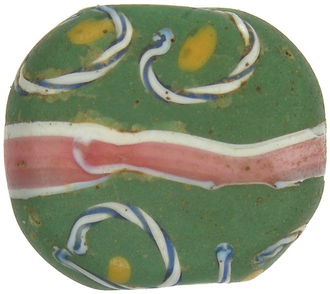 Rare Tabular Green Fancy Antique Venetian Lampwork Trade Bead 18X16Mm - close-up