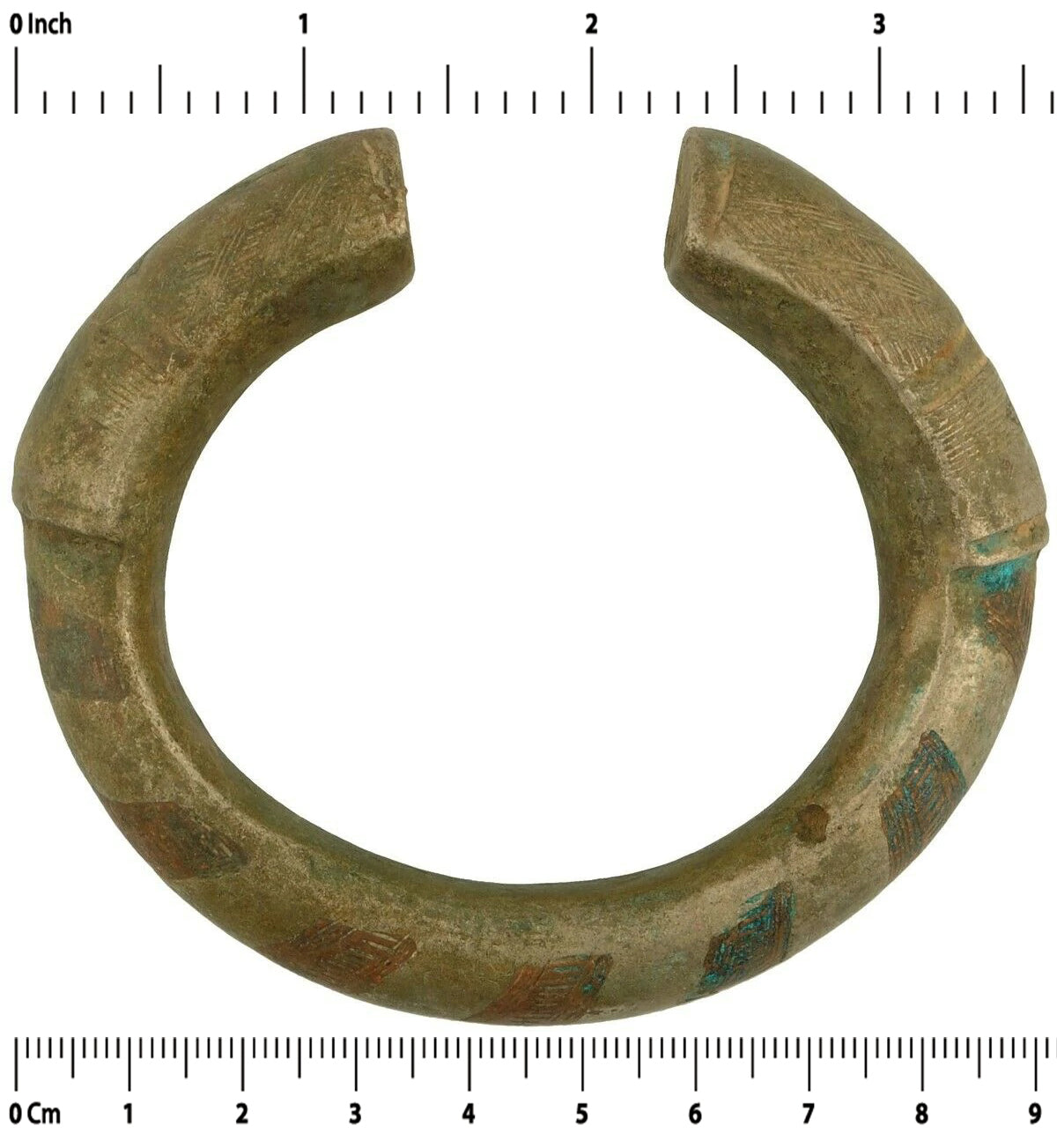 Old Brass Copper Bracelet Currency Ghana / Fulani African Ethnic Jewelry - angled shot