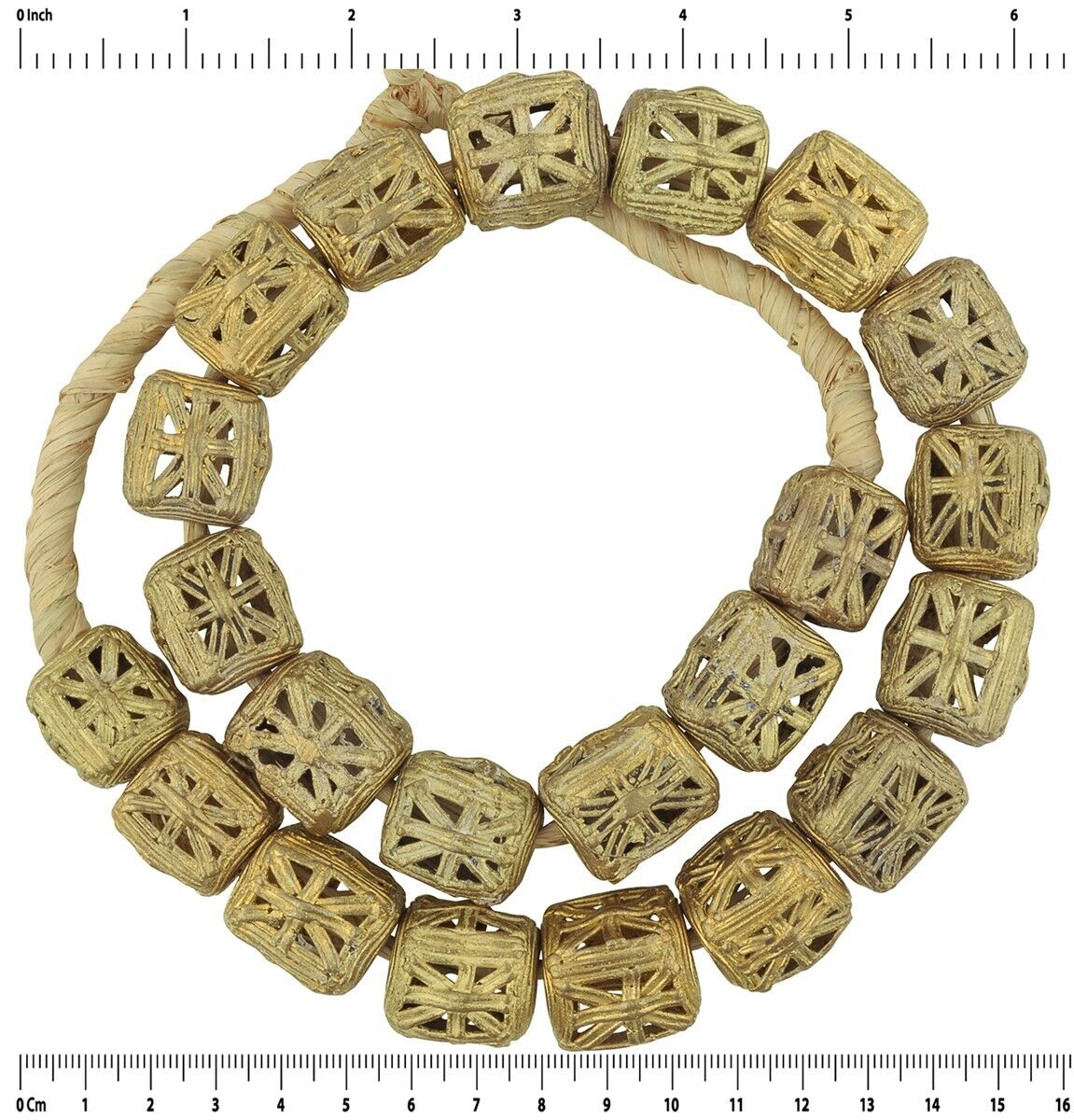 Ashanti Large Cube Brass Beads - 21" Handcrafted Strand - zoomed-in detail