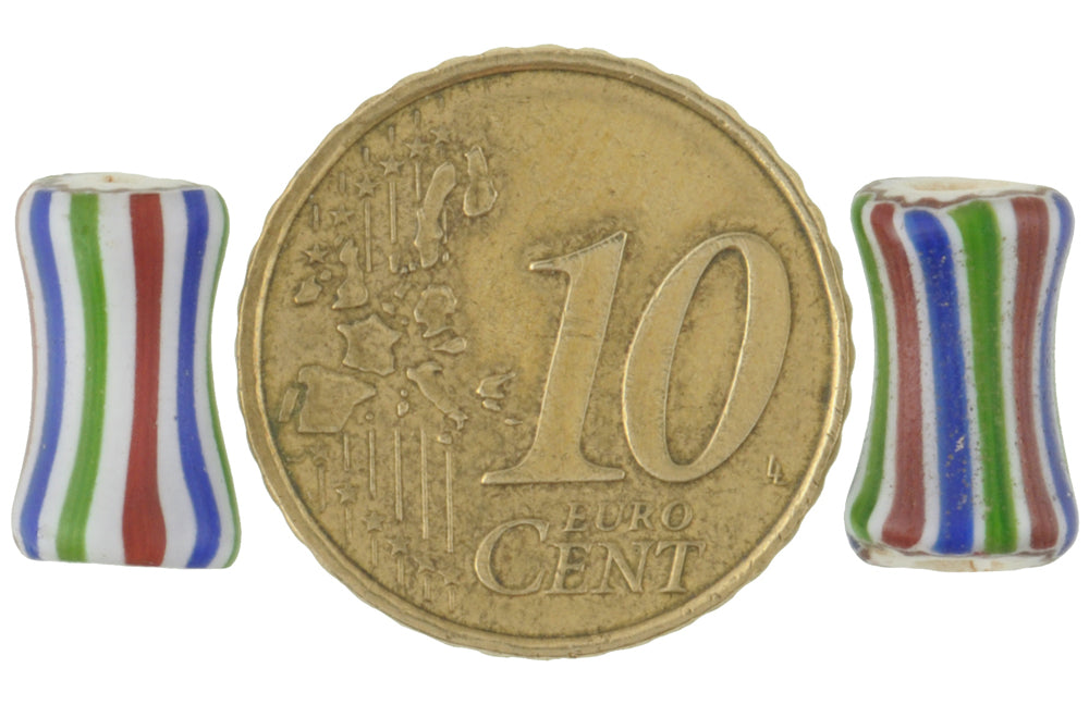 Striped Dog Bone Chevron Beads | Rare 4 Layer Venetian Pair - zoomed-in detail