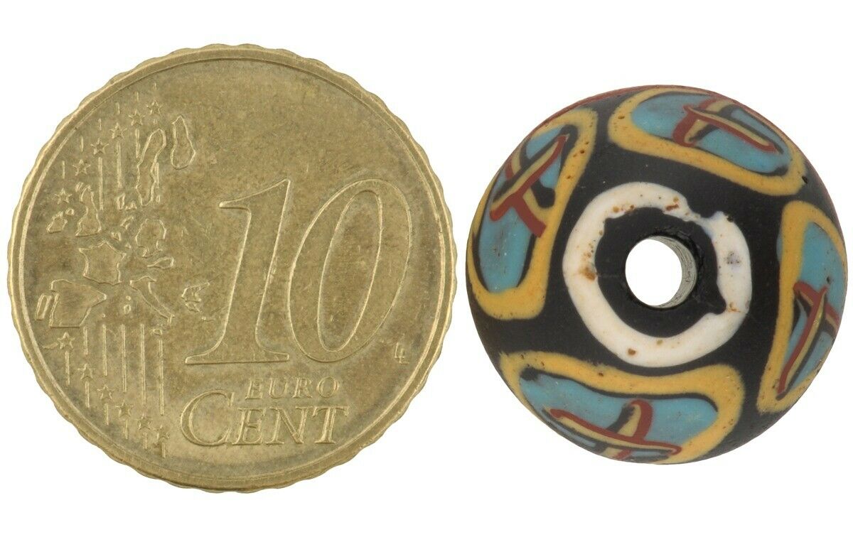 Old African Trade Bead Antique Black King Venetian Glass Bicone Lampwork Rare - close-up