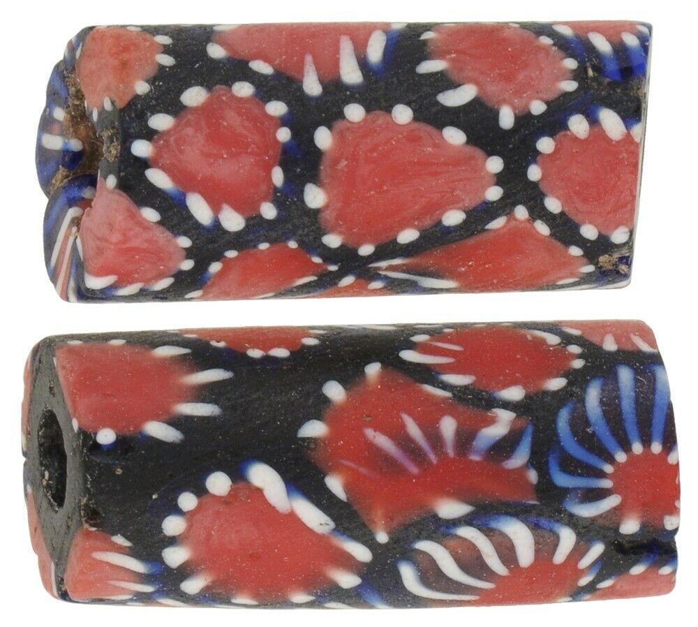 Rare African Trade Beads Old Millefiori Venetian Glass Beads Murano Mosaic Pair
