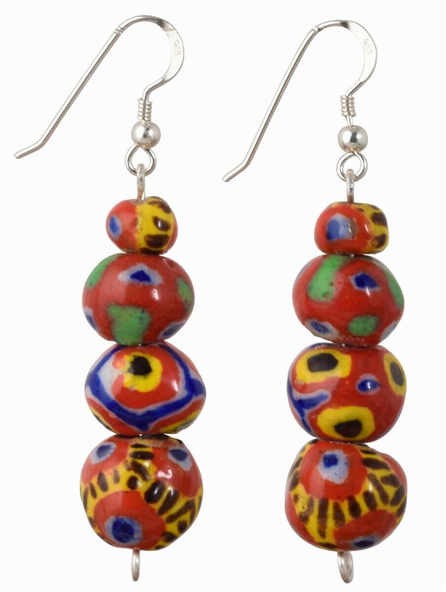 Handmade Kiffa Glass Beads Earrings 925 Sterling Silver African Ethnic Jewelry - alternate view