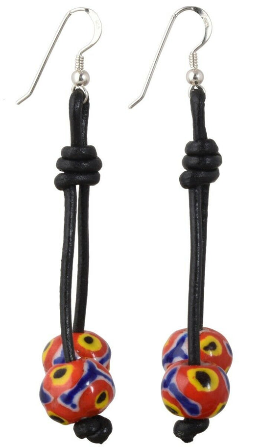 African Trade Beads Handmade Kiffa Earrings 925 Sterling Silver Leather Boho - alternate view