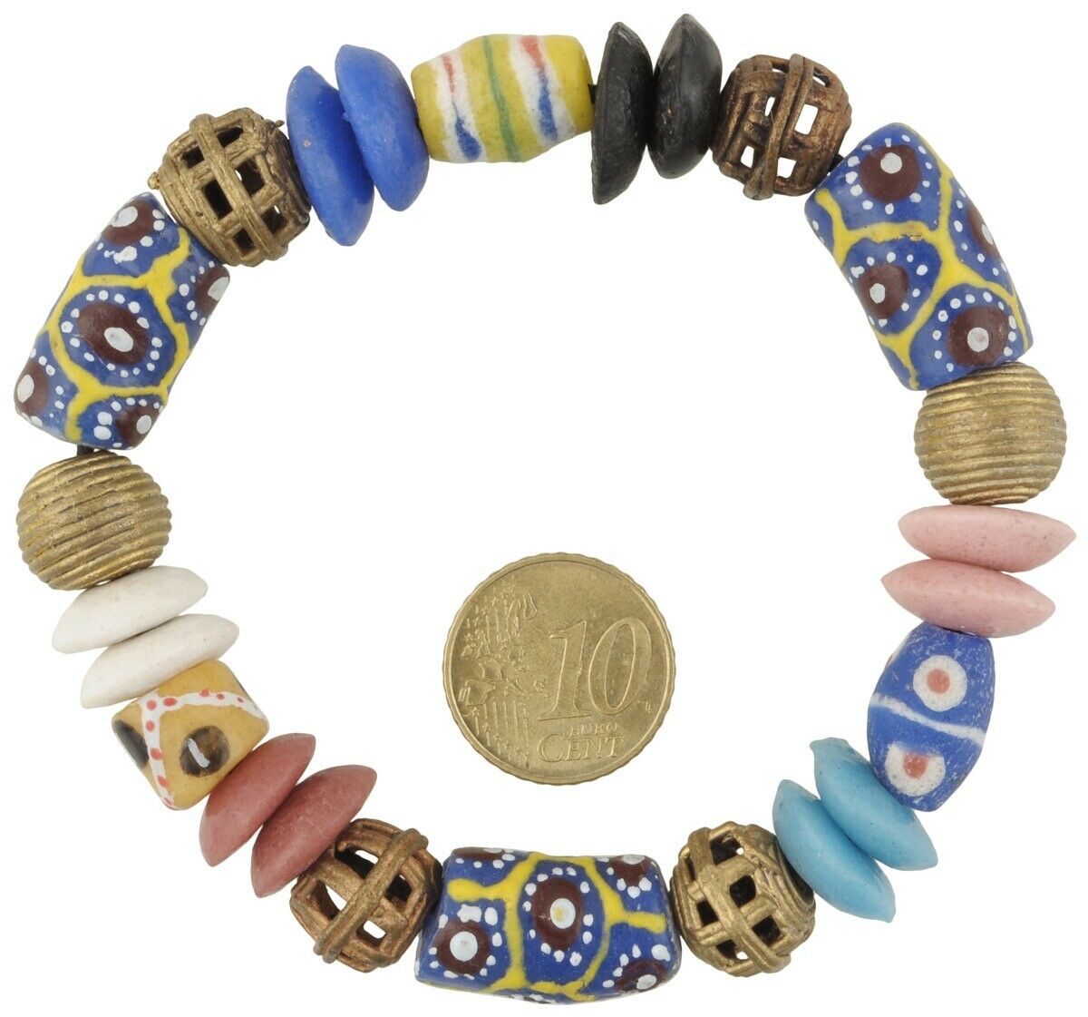 New Bracelet Krobo Powder Glass Trade Beads Ashanti Brass African Trade Ghana