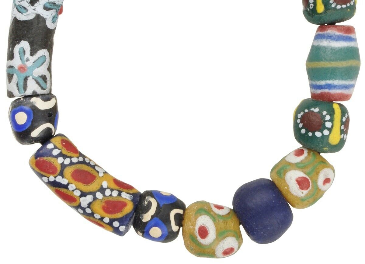 Handmade Beads Recycled Glass Krobo Ashanti Brass Lost Wax Bracelet Stretched - close-up