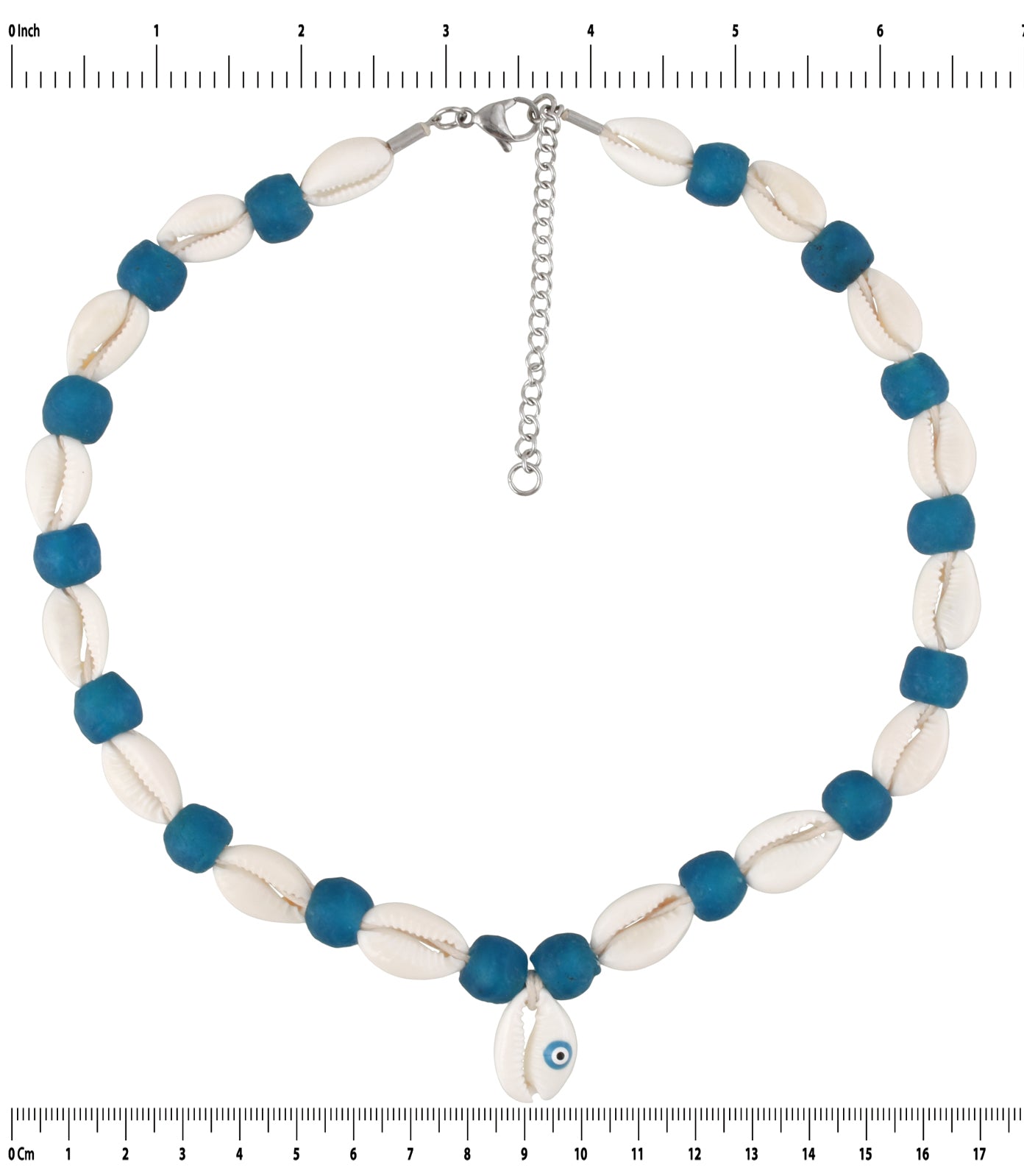 Handmade Recycled Glass Beads Cowrie Shell Necklace Africa Ghana Beach Jewelry - angled shot