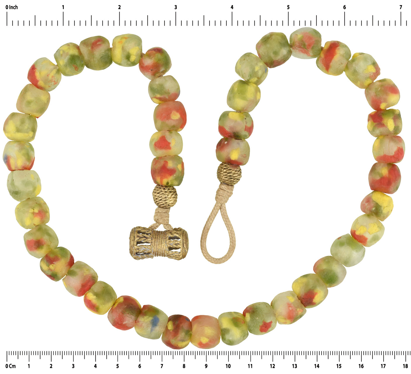 Recycled Powder Glass Beads Handmade Krobo Brass Ashanti African Trade Necklace - angled shot