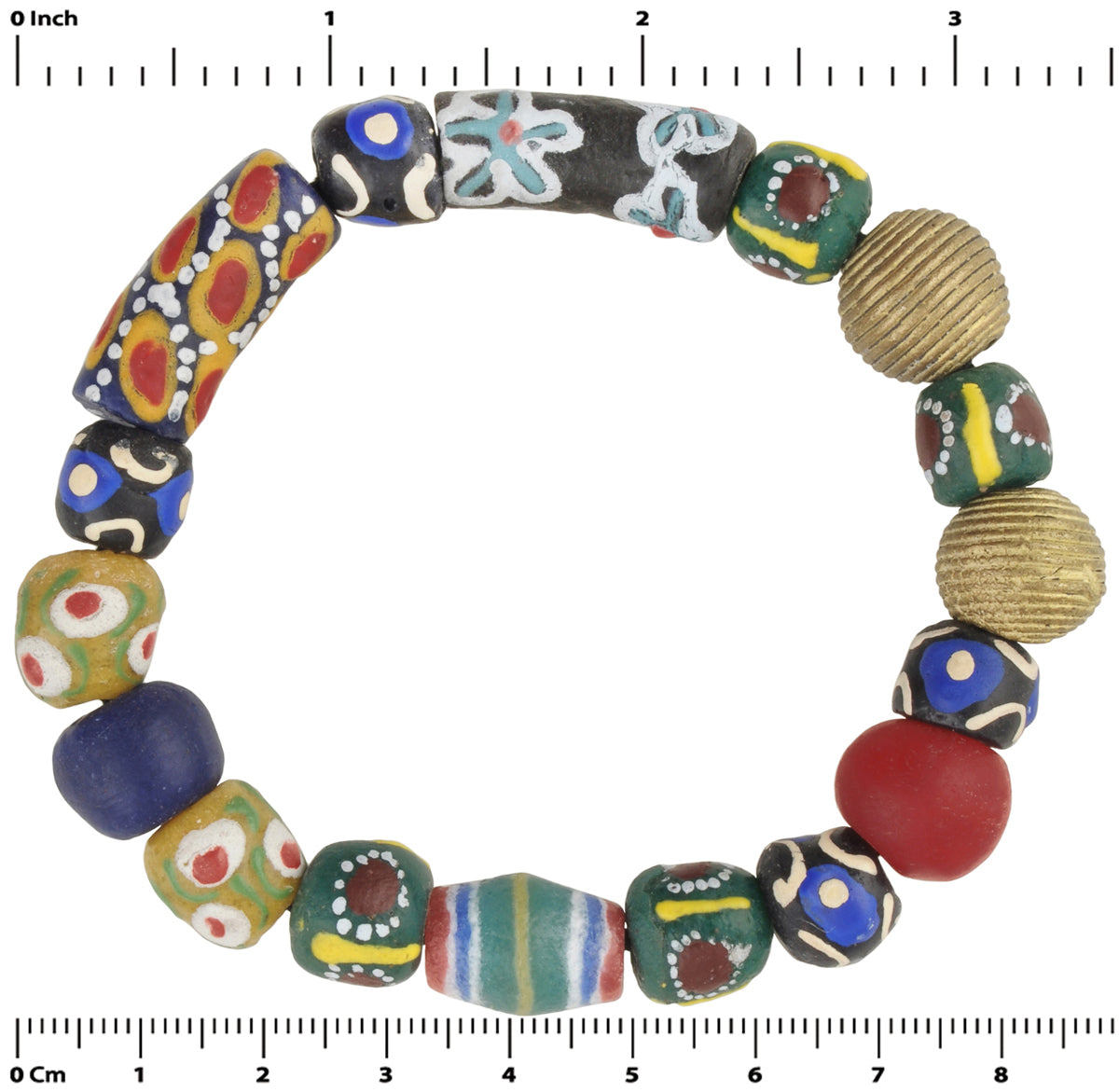 Handmade Beads Recycled Glass Krobo Ashanti Brass Lost Wax Bracelet Stretched - zoomed-in detail