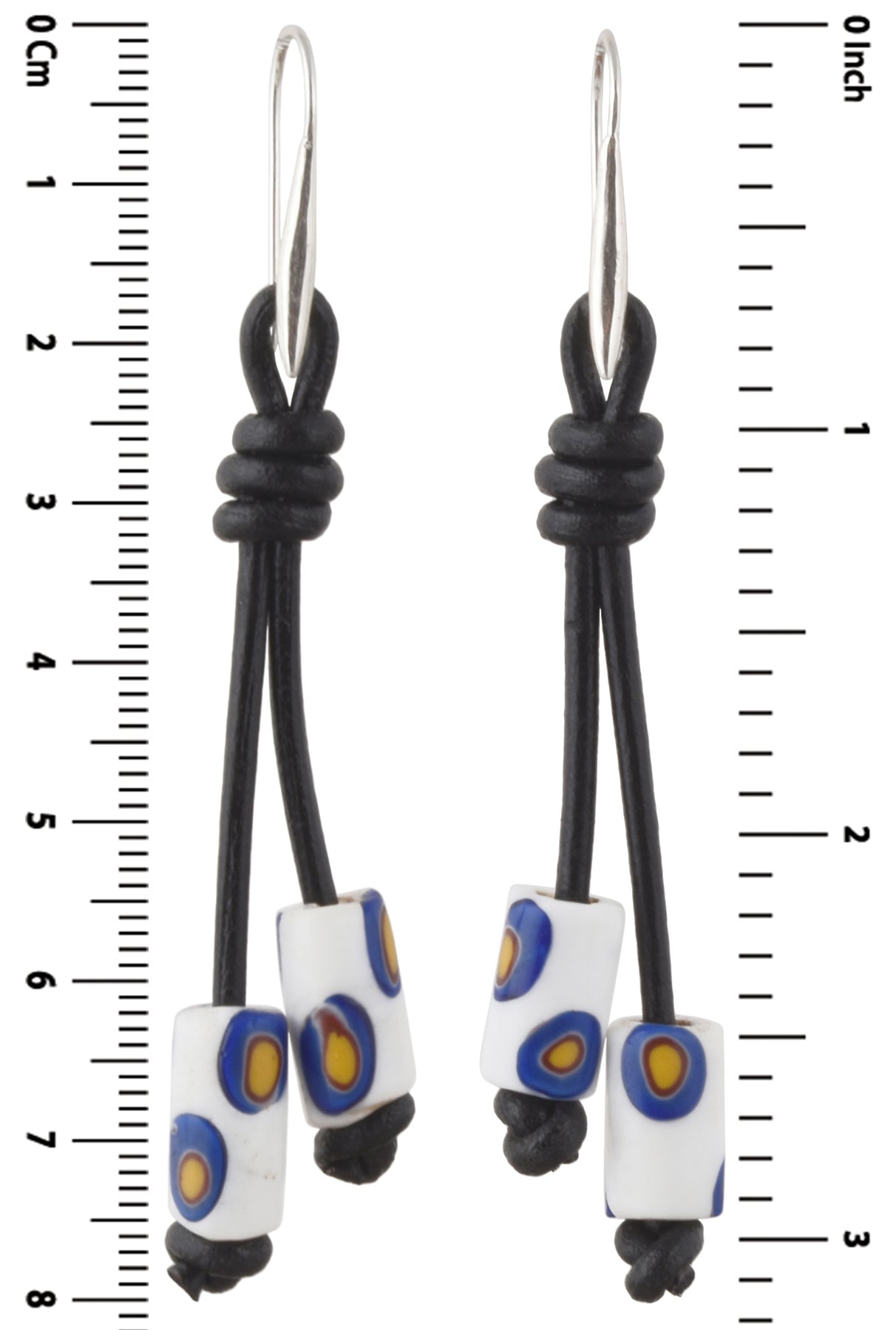 Antique African Trade Beads Millefiori Earrings 925 Sterling Silver Leather Boho - close-up