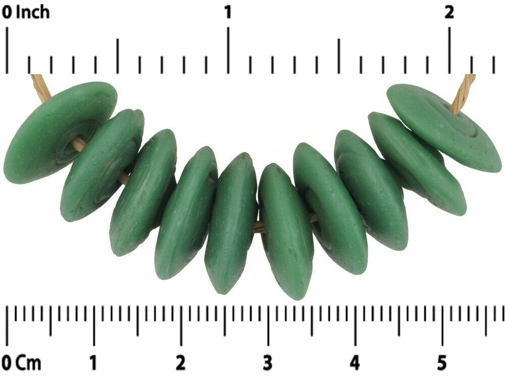 Antique Venetian Green Disk Glass Trade Beads - 14-15Mm - zoomed-in detail
