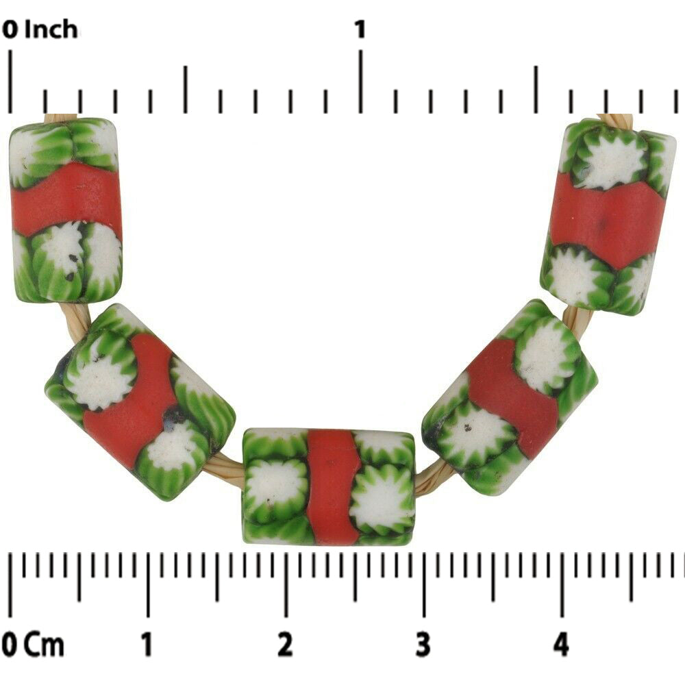 Old Red Banded Venetian Millefiori Mosaic African Trade Beads - close-up