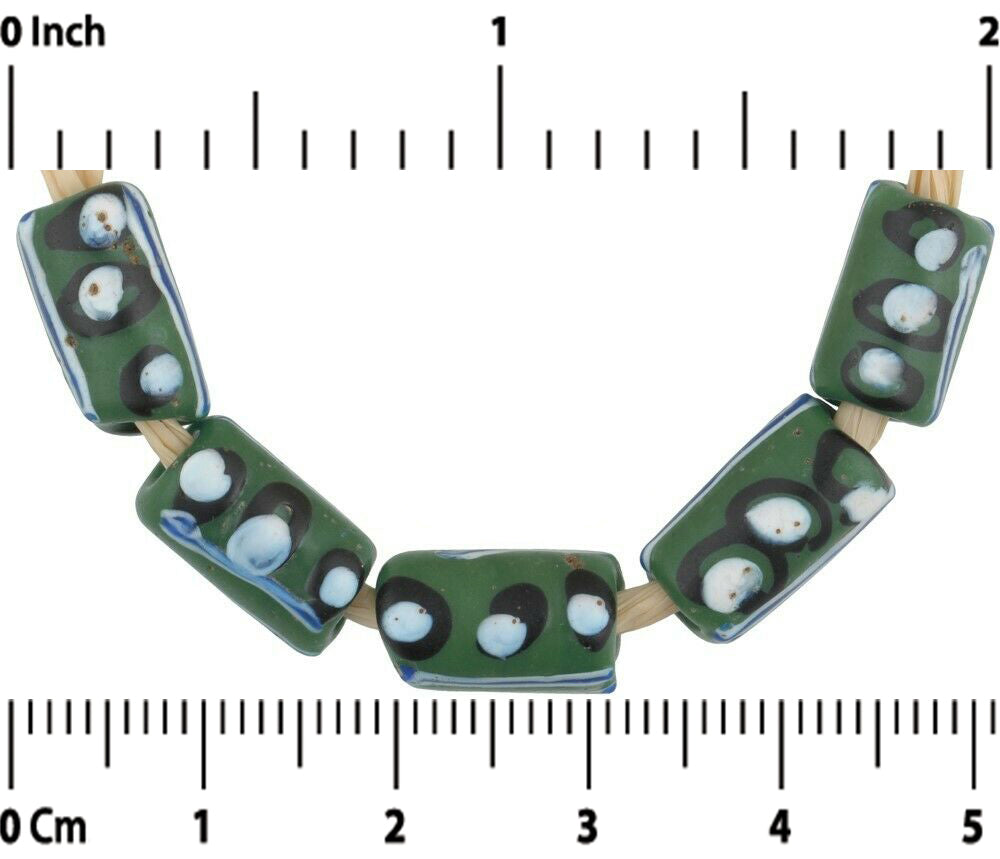 Antique Green Venetian Lampwork Trade Beads With Trail Decoration - close-up