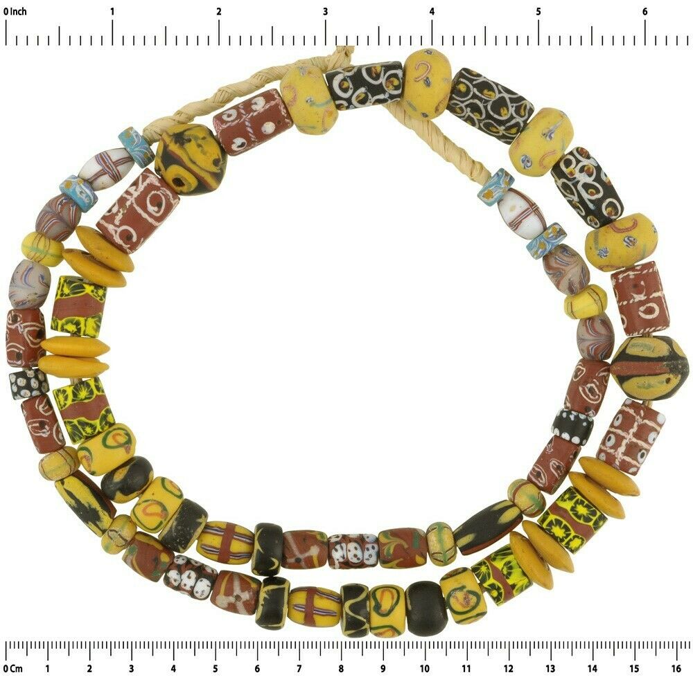 Old African Trade Beads Millefiori Feather French Cross Eye Venetian Glass Beads - zoomed-in detail