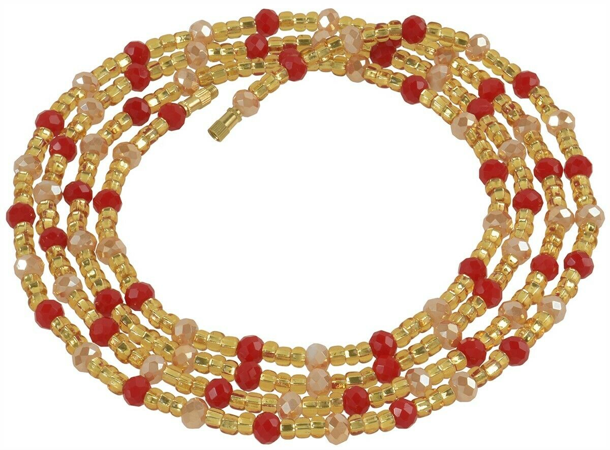 Screw Clasp Gold Red Peach African Waist Beads - Handmade Body Jewelry