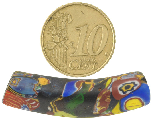 Rare Large Antique Elbow Multimurrine Millefiori Mosaic Glass Trade Bead - zoomed-in detail