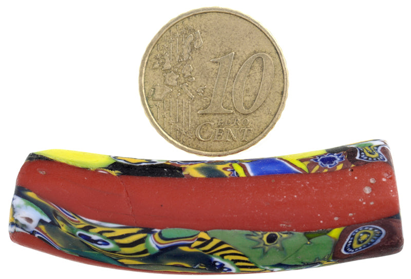 Rare Antique Large Elbow Venetian Millefiori Mosaic Glass Trade Bead, 50X15Mm - close-up