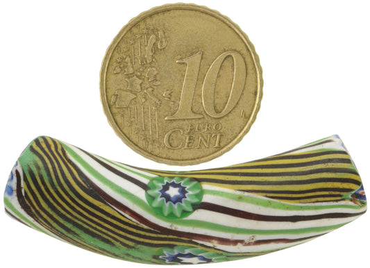 Rare Antique Elbow Venetian Millefiori Mosaic Glass Trade Bead 42X11Mm - zoomed-in detail